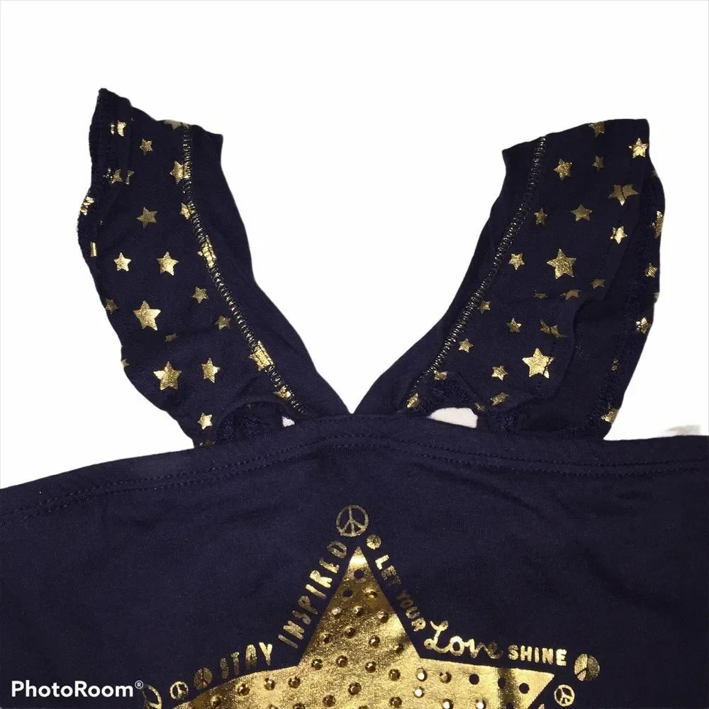 4/$20 Justice Navy & Gold Stars Tank Top Patriotic Sz 6 4th July Memorial Day